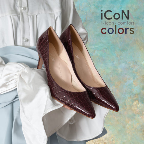 Basic Item SALE10%OFF：2024AW：iCoN COLORS：ポインテッドトゥ クロコ型押し パンプス（C76534）ボルドーCR/mamian（マミアン）